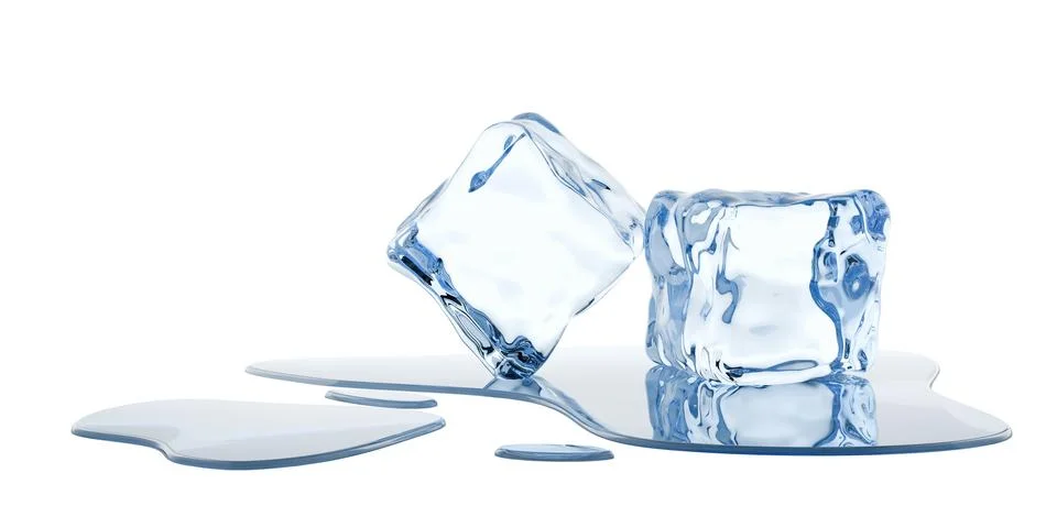 Two ice cubes on white background with water puddle and drops Stock Illustration
