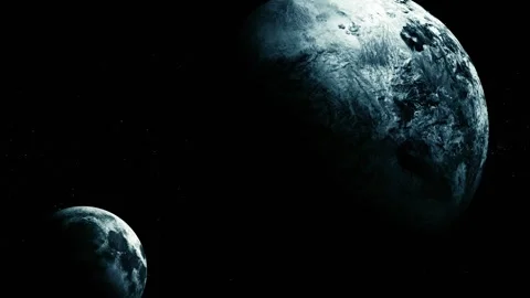 Two icy planets floating in dark outer space with a starry background, one .. Video stock 340383202