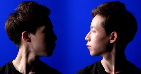 Two identical Asian young men with dark and bright side of face looking at each Stock-Footage 90274156