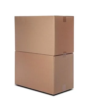 Two identical brown cardboard boxes are stacked vertically against a white Stockfoto's
