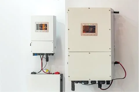 Two identical white power units with metallic elements, positioned side by si Stock Photos