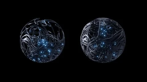 Two illuminated globes on dark background symbolize network redundancy and unity Stock Illustration