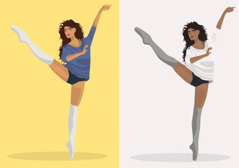 Two illustrations in different color palettes flexible slender girl goes in for  Stock Illustration