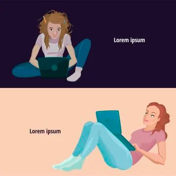 Two illustrations of the girl and computer. Work online, purchases on the Stock Illustration