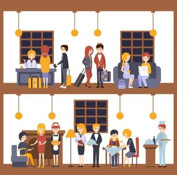 Two Illustrations, Scenes In The Hotel At Reception And Restaurant Stock Illustration