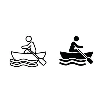 Two Illustrations Showing Person Rowing Small Boat On Water With Different .. Stock Illustration