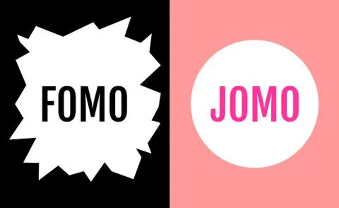 Two images showing the difference between FOMO and JOMO. JOMO means Joy Of Mi Stock Illustration