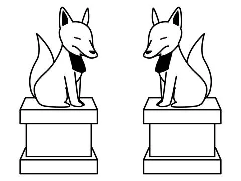 Two Inari statues facing each other. Monochrome line drawing. Stock Illustration
