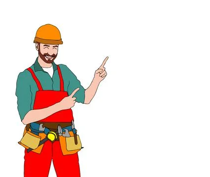 Two index fingers pointing. Worker in Santa hat showing somewhere. Full length Stock Illustration
