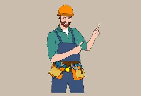 Two index fingers pointing. Worker in Santa hat showing somewhere. Full length Stock Illustration