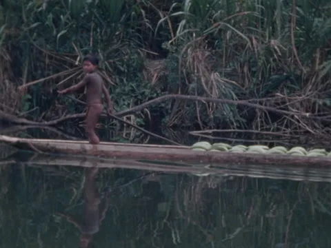 Two Indian boys pole a loaded pirogue down the river. Stock Footage 147901730