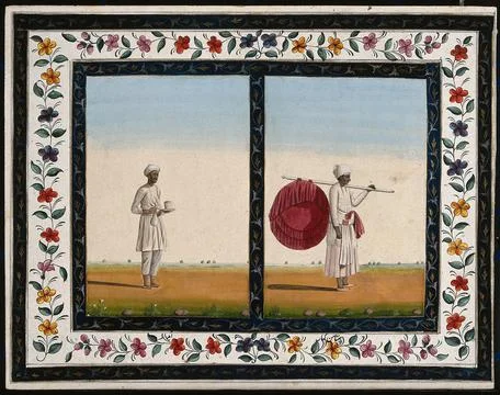 Two Indian men: (left) bringing a cup of tea or other drink, and (right) ho.. Illustrazione stock