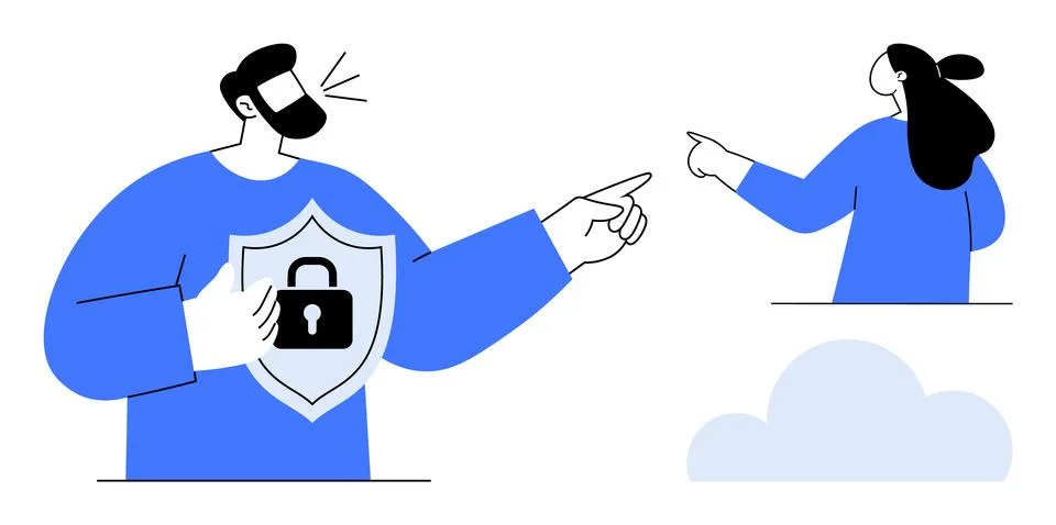 Two Individuals Communicating About Security with Shield and Cloud Illustrati Stock Illustration