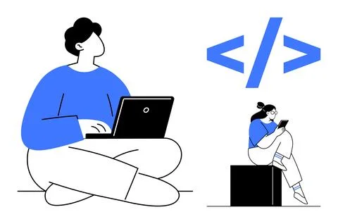 Two individuals engaged in digital activities. One typing on a laptop, the ot 库存插图