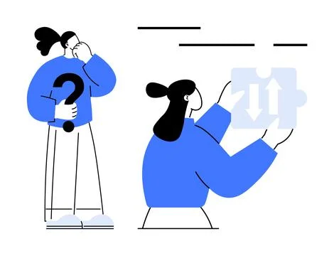Two individuals highlighted. One holds a question mark, another examines a pu Illustrazione stock