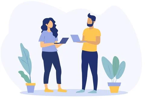 Two individuals holding laptops while standing beside potted plants Stock Illustration