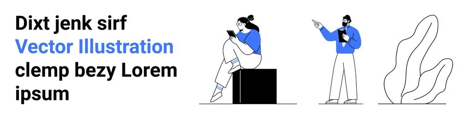 Two individuals interacting with mobile devices. The man gestures while using Stock Illustration