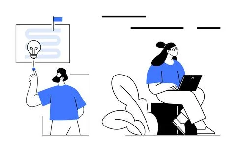 Two individuals, one presenting a lightbulb idea on a chart and another worki 스톡 일러스트