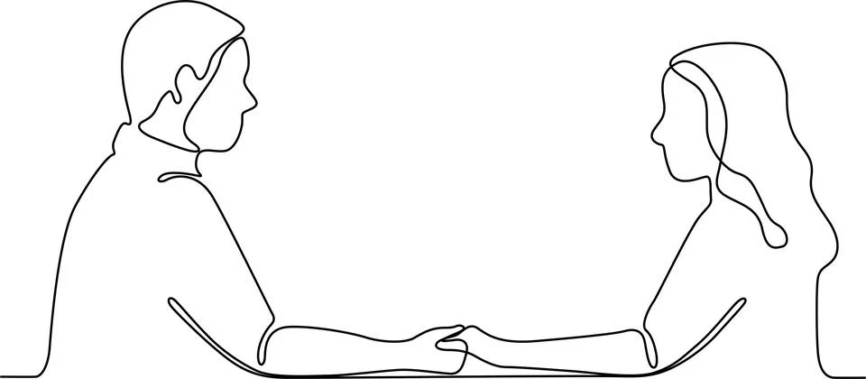 Two individuals sitting at a table, exchanging a piece of paper or document.. Illustrazione stock