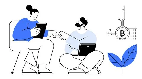 Two individuals with tablets and laptops interacting, accompanied by Bitcoin  Stock Illustration