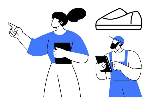 Two individuals using tablets, one pointing forward and another in work attir イラスト素材