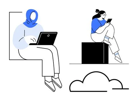 Two individuals using technology one typing on a laptop while seated and anot Stock Illustration