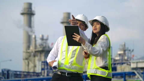 Two industrial engineer working near the electrical plant. Stock Footage 233284429