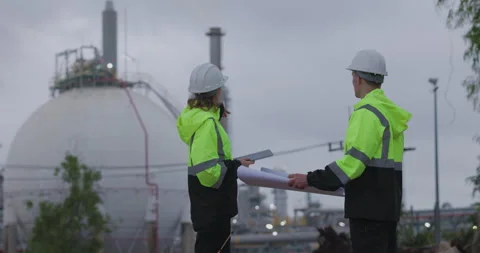 Two Industrial Engineers Reviewing Technical Blueprints At Petrochemical Pl.. Stock Footage 335672720