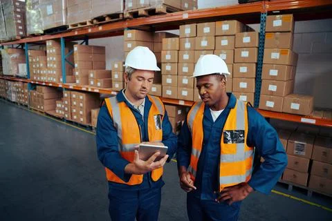 Two industrial workers discussing project work in large industrial plants with Stock Photos