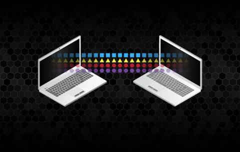 Two information transferring laptops. Abstract data transfer vector illustrat Stock Illustration