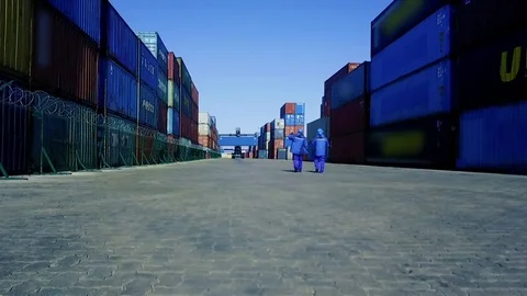 Two inspectors are on the container terminal and check Stock Footage 84248395