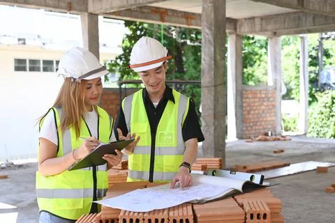 Two inspectors or engineer working and discussing about construction project Stock Photos