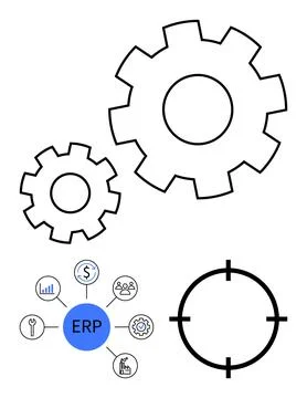 Two interconnected cogs, ERP central node with connected business icons, and  Stock Illustration