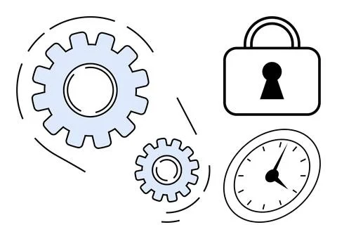 Two interconnected gears, a padlock symbolizing security, and an analog clock Stock Illustration