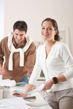 Two interior designer working at office with color swatch Stockfoto's