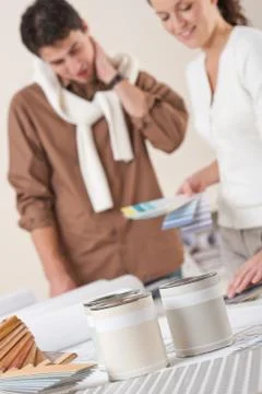 Two interior designer working at office with color swatch Fotos Stock