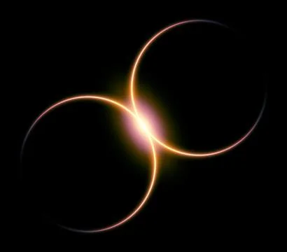 Two interlinked glowing golden neon rings with bright central solar flare on  イラスト素材