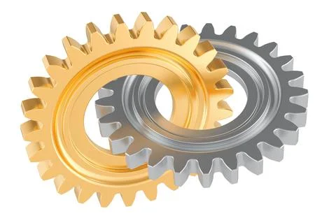 Two interlocked gears, gold and silver. Abstract technical logo. 3D rendering Stock Illustration