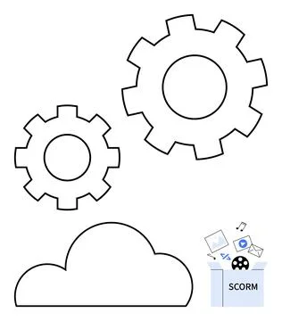 Two interlocking gears above a cloud with a box containing various digital ic イラスト素材