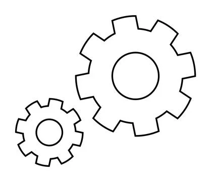 Two interlocking gears in black and white represent mechanical engineering, t Illustrazione stock