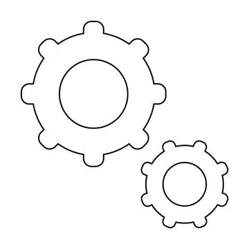 Two Interlocking Gearwheels in Black Outline on a White Background Stock Illustration
