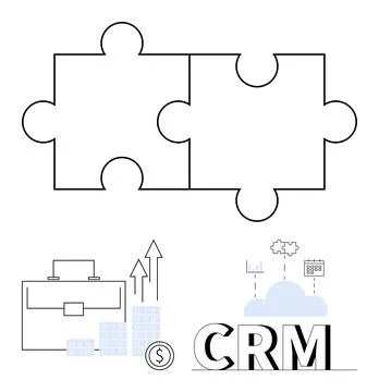 Two interlocking puzzle pieces, briefcase with rising arrows, stacks of money Stock Illustration