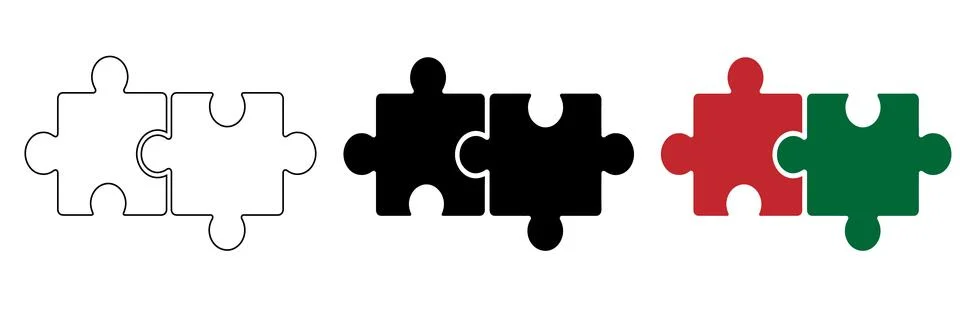 Two Interlocking Puzzle Pieces Icons Three Variations Stock Illustration