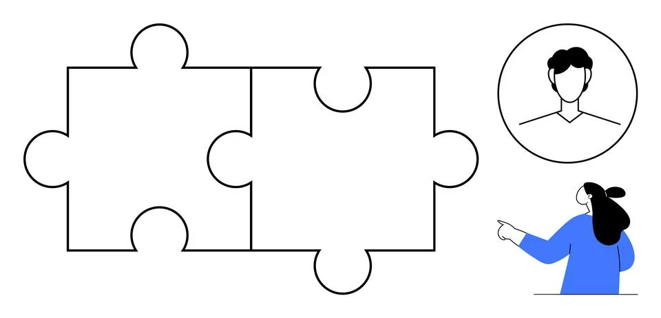 Two Interlocking Puzzle Pieces with Person Pointing and Circular Headshot Stock Illustration