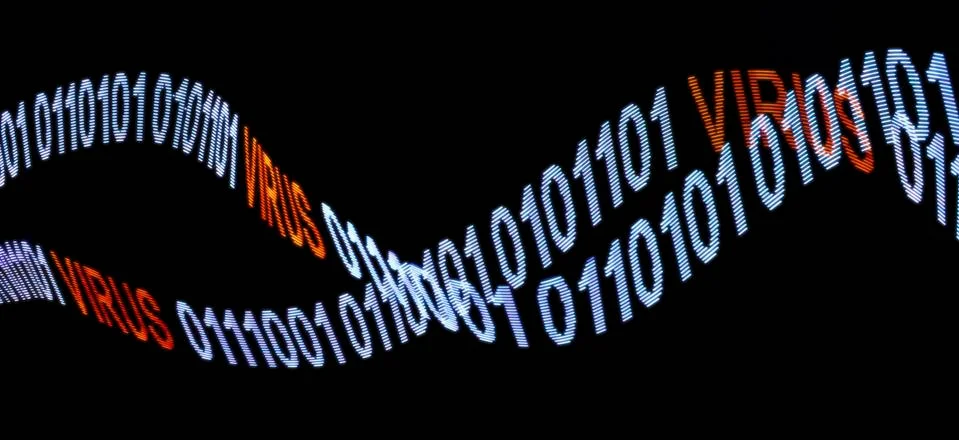 Two intersecting lines made up of binary code and the word VIRUS Stock Illustration