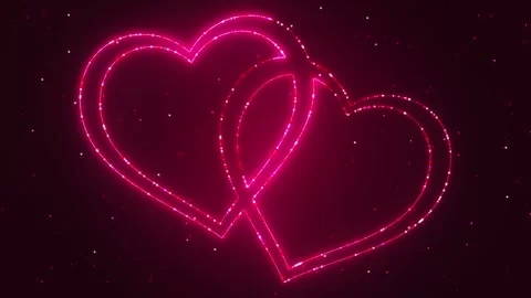 Two intertwined neon hearts glowing with red sparkles and particles Stock Footage 345119980