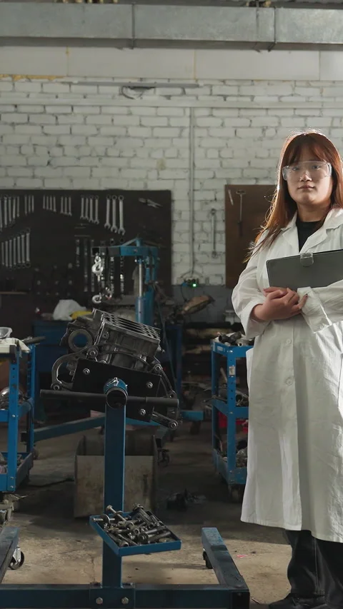 Two Inventors Standing Near Engine in Mechanical Workshop with Backlight 動画素材 318251949