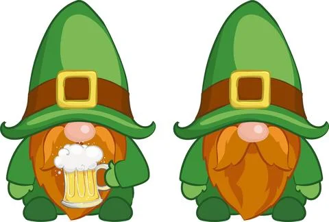 Two irish gnome, St. Patricks Day Gnomes with shamrock and beer Stock Illustration