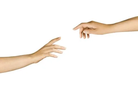 Two isolated hands on a white background try to touch their fingers. Stock Photos