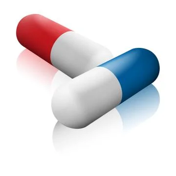 Two isometric capsules in different colors with mirror shadows on a white bac Stock Illustration